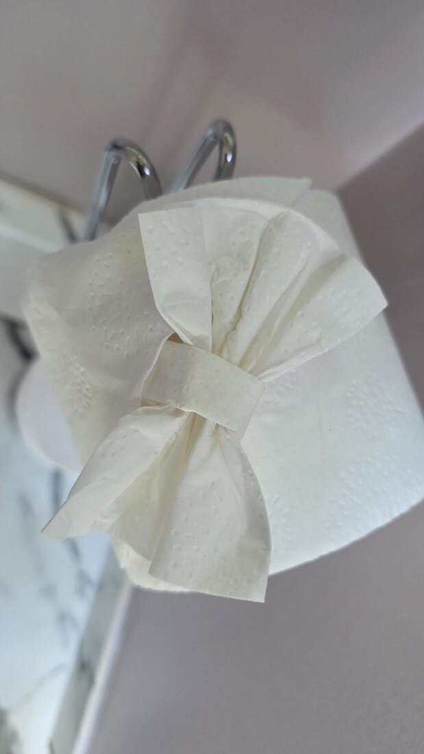 Toilet roll folded into a neat decorative bow